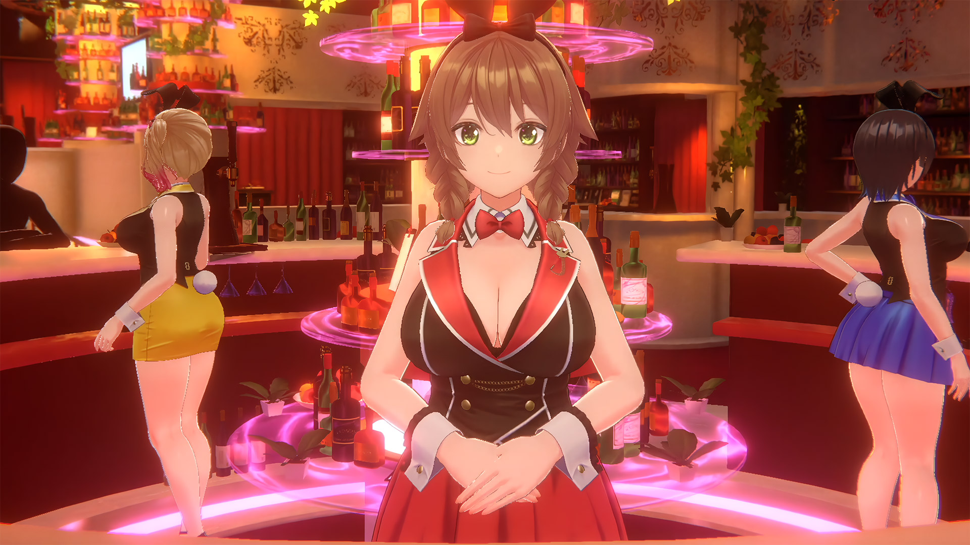 BUNNY GARDEN 兔兔秘密花园 游戏主视觉图 — 三位兔女郎店员在酒吧中微笑迎宾